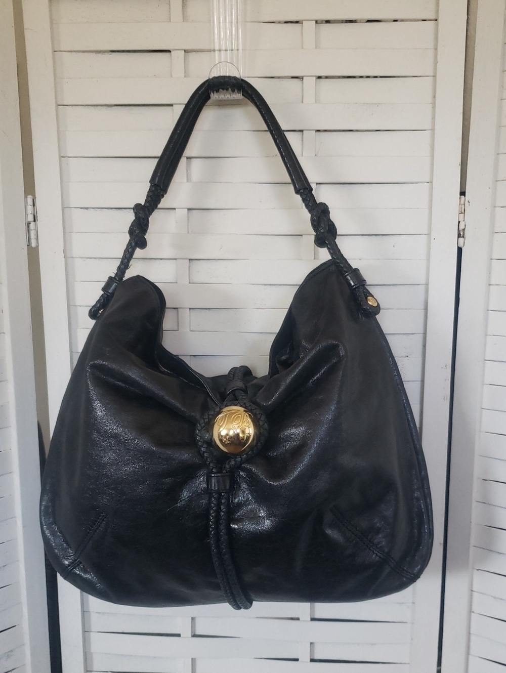 Ted Baket Black Leather Shoulder Hobo Bag with Gold Accent